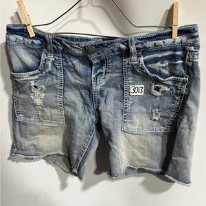 #3013-Vanilla Star Blue Distressed Jean Shorts
